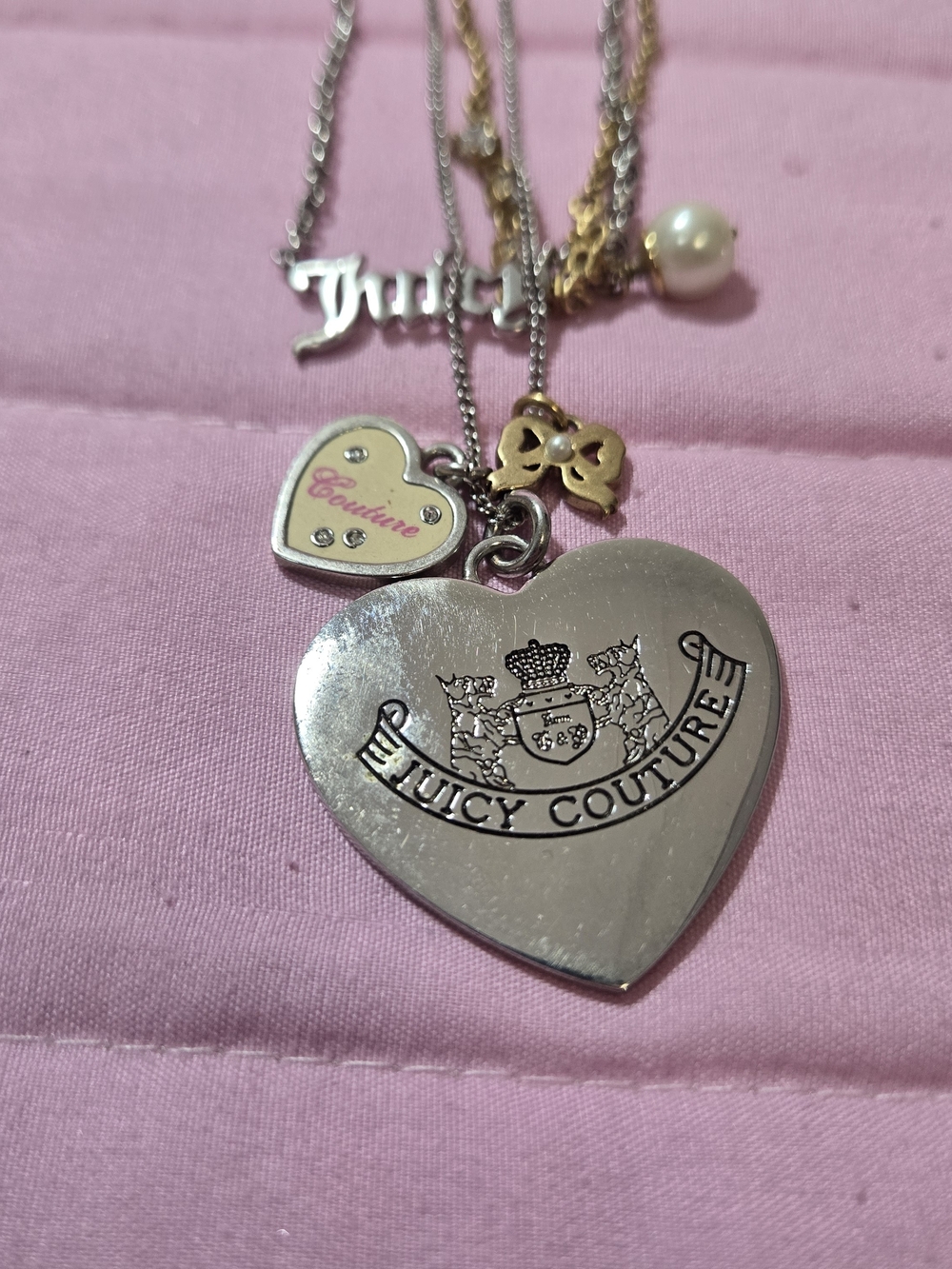 Juicy Couture Silver & Gold-Tone Heart Logo Necklace with Pink Accent Charm